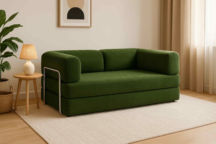 Canapé-lit kaki en velours côtelé, convertible en lit double. Canapé-lit kaki en velours côtelé, convertible en lit double.